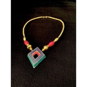 Necklace Geometric Statement Enamel Purple Pink Turquoise Pendant Goldtone Beads